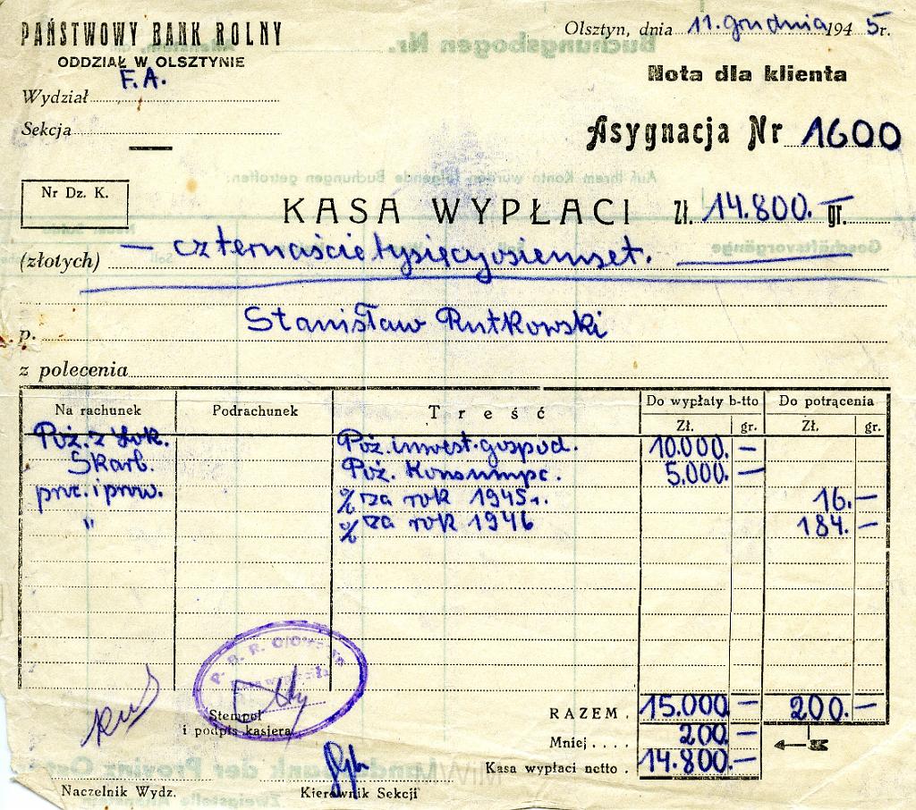 KKE 3547.jpg - Dokument . Stanisław Rutkowski pożyczka, Olsztyn, 1945 r.